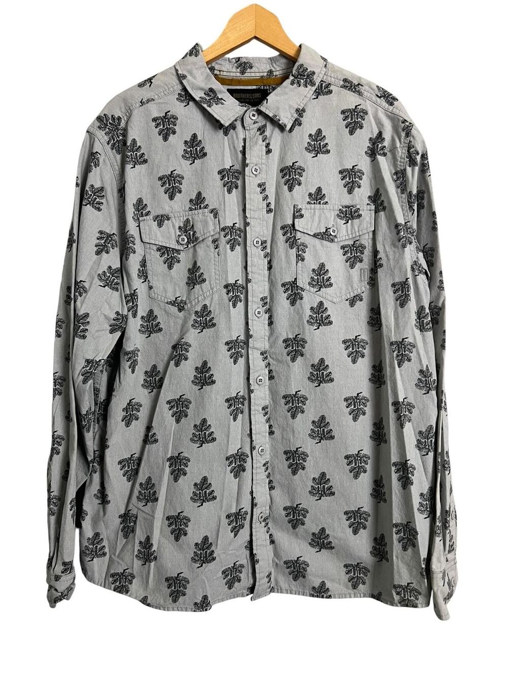 Brothers/Sons Button Up Shirt Mens XL Gray Floral Cotton Long Sleeve Casual